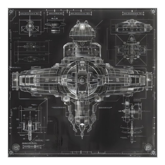 Space Ship Black Blueprint Photo Print (Front)