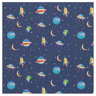 Space Ship Planet Rocket Venus Moon Stars Earth  Fabric