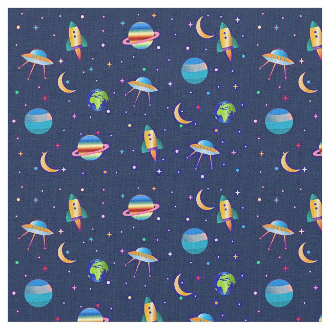 Space Ship Planet Rocket Venus Moon Stars Earth  Fabric (Close Up)