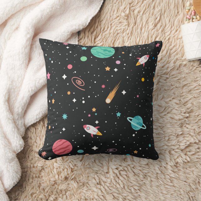 Space Ships and Planets on Black Throw Pillow (Blanket)