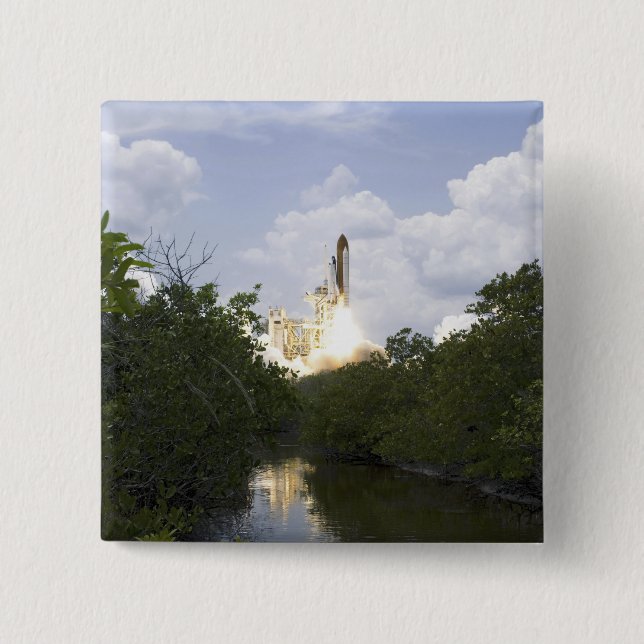 Space Shuttle Atlantis lifts off 25 2 Inch Square Button (Front)