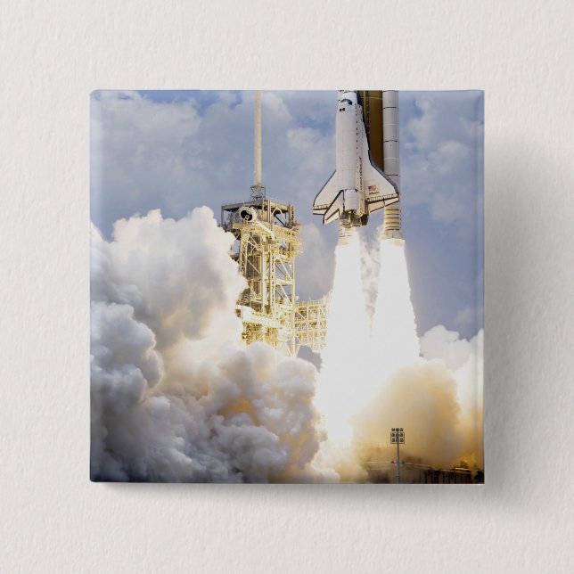Space Shuttle Atlantis lifts off 2 Inch Square Button (Front)