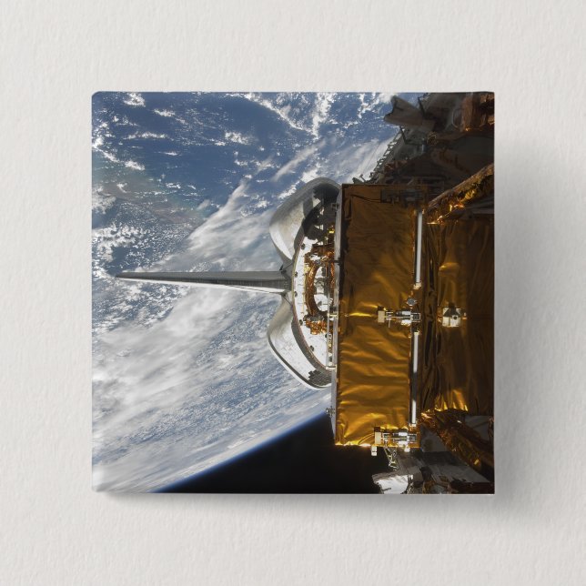 Space Shuttle Atlantis' payload bay backdropped 2 Inch Square Button (Front)