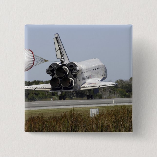 Space shuttle Atlantis unfurls its drag chute 2 2 Inch Square Button (Front)