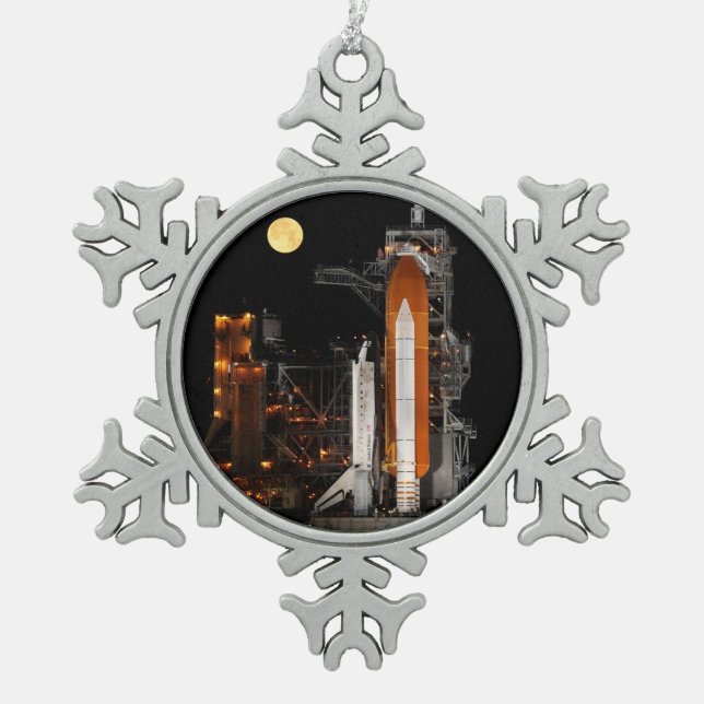 Space Shuttle Discovery and Moon Snowflake Pewter Christmas Ornament (Front)