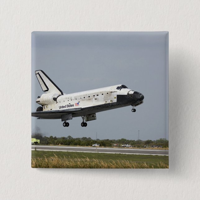 Space Shuttle Discovery approaches landing 3 2 Inch Square Button (Front)