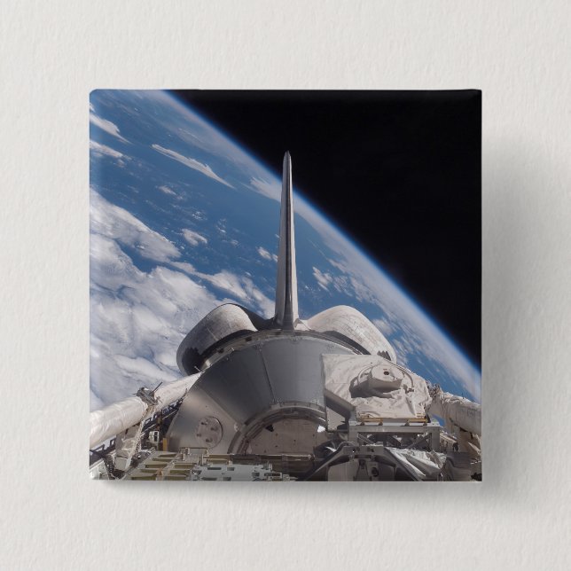 Space Shuttle Discovery backdropped by Earth 2 Inch Square Button (Front)