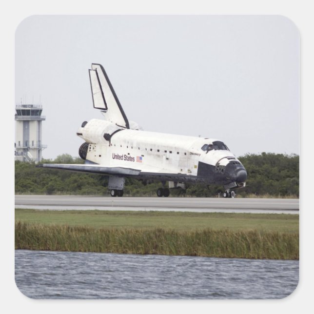 Space Shuttle Discovery on the runway Square Sticker (Front)