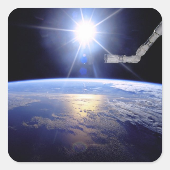 Space Shuttle Robot Arm Earth Orbit Sunburst Square Sticker (Front)