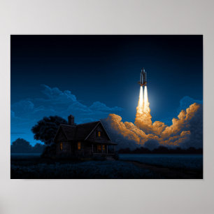 Space Shuttle Rocket Launch At Night Behind Farmho Poster