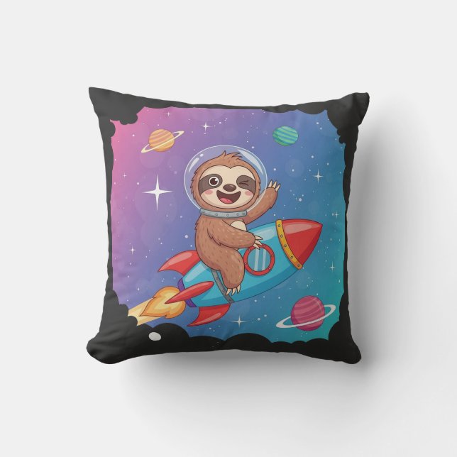 Space Sloth on Rocket – Dreamy Slow Cartoon Vector Throw Pillow (Front)