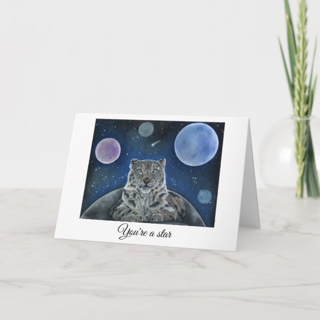 Space Snow Leopard Birthday Card (Front)