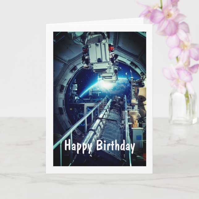 Space Station, 5" x 7" Folded Birthday Card (Orchid)