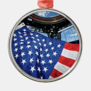 Space Station American Flag Earth Orbit Metal Ornament