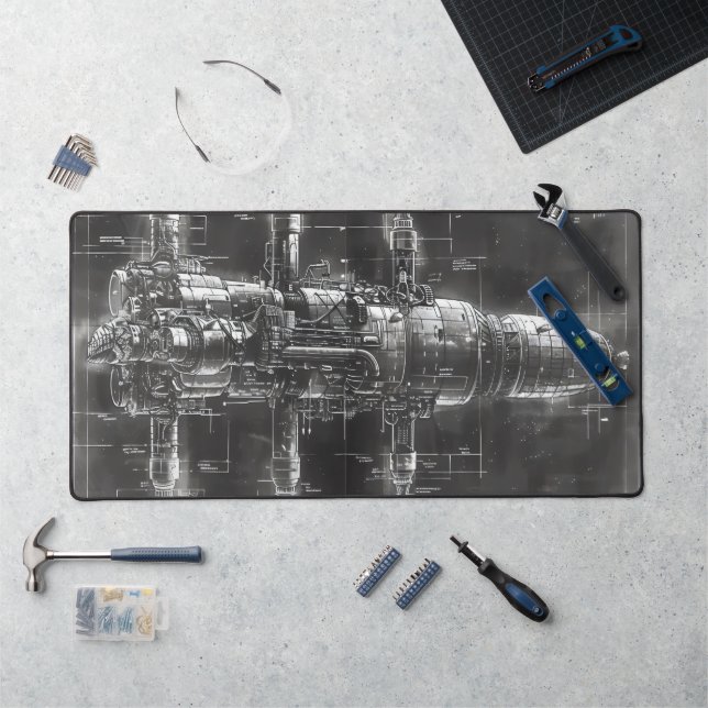 Space Station Black Blueprint Desk Mat (Workstation)