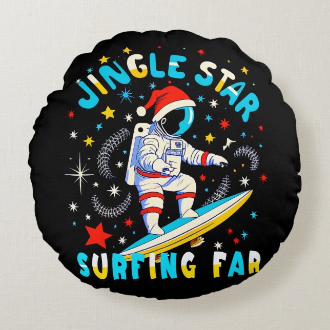 Space Surf with Santa in Cosmic Adventure Design Round Pillow (Front)