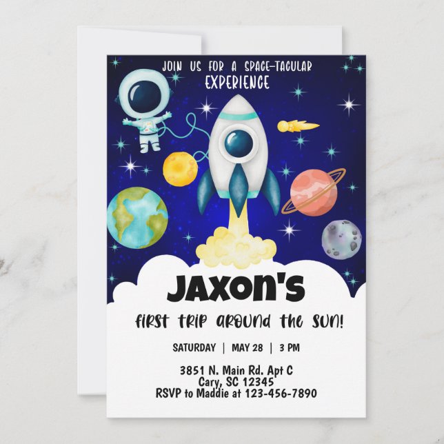 Space-tacular boy 1st first birthday invitation. i invitation (Front)