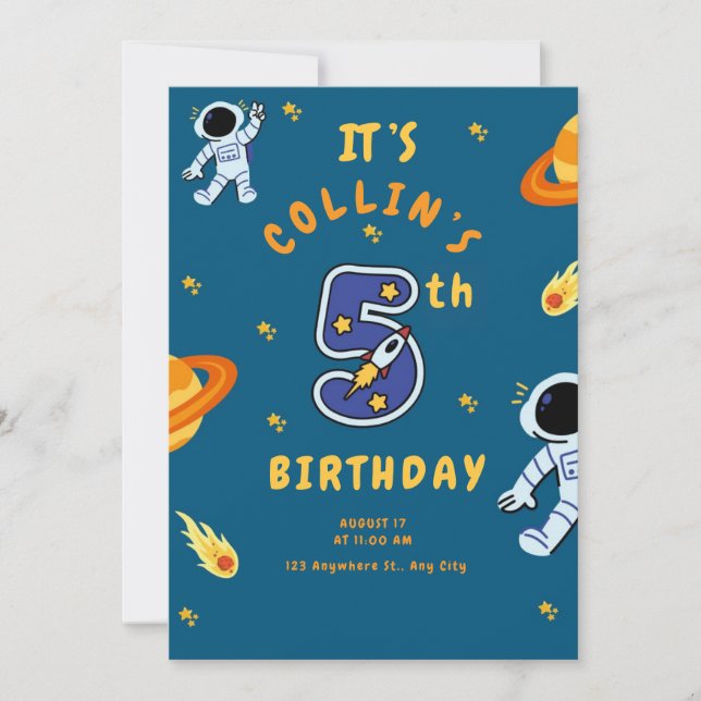 Space Theme 5th Birthday Invitation for Boys (Front)
