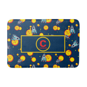 Space Theme for Boys in Blue Red and Yellow Name Bath Mat