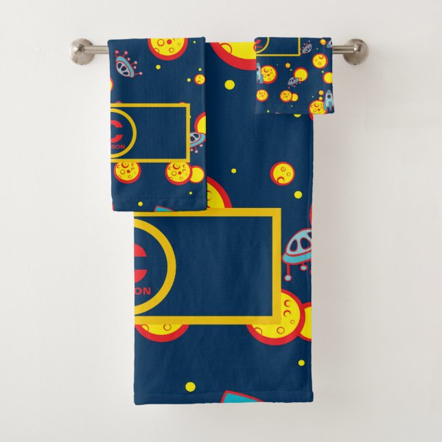 Space Theme for Boys in Blue Red and Yellow Name Bath Towel Set (Insitu)