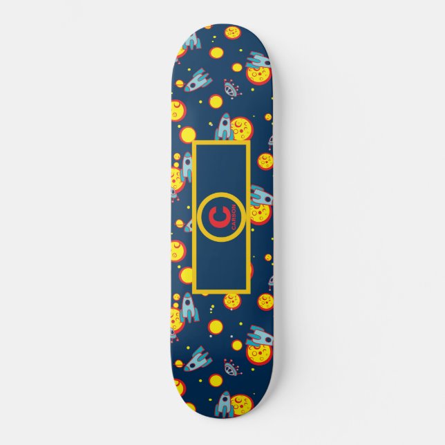 Space Theme for Boys in Blue Red and Yellow Name Skateboard (Front)