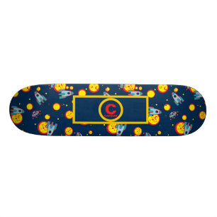 Space Theme for Boys in Blue Red and Yellow Name Skateboard