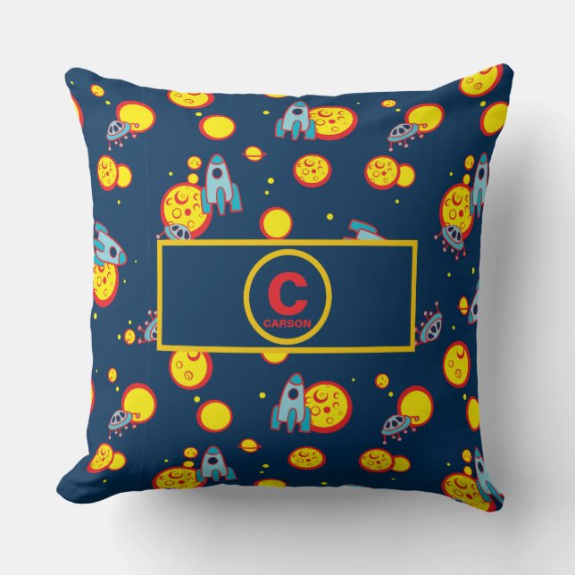 Space Theme for Boys in Blue Red and Yellow Name Throw Pillow (Front)