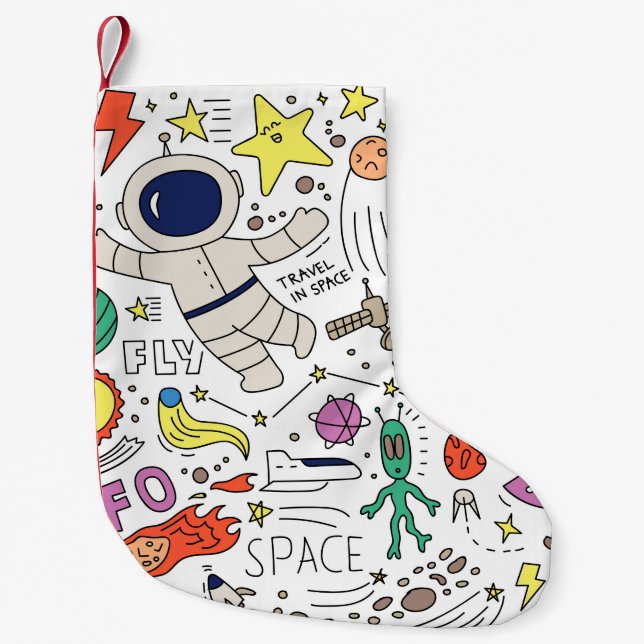 Space theme in doodle style illustration small christmas stocking (Front)
