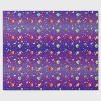 Space Themed Astronaut, Rocket Ship, and Planet Wrapping Paper