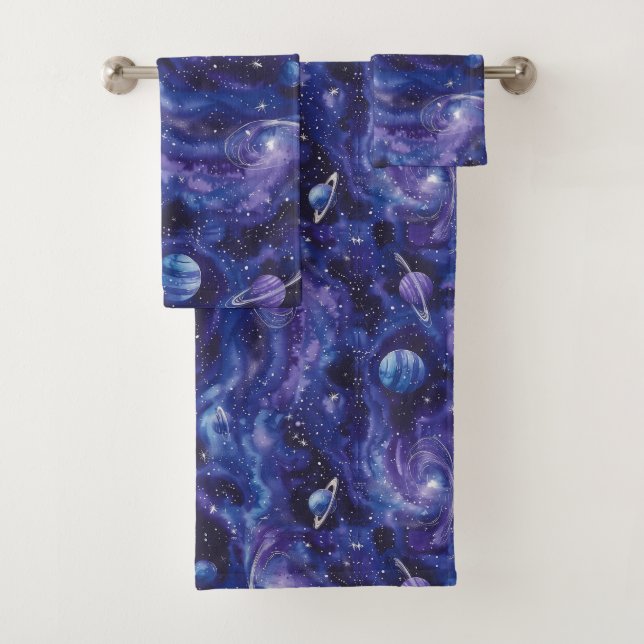 Space-themed pattern with stars and planets bath towel set (Insitu)