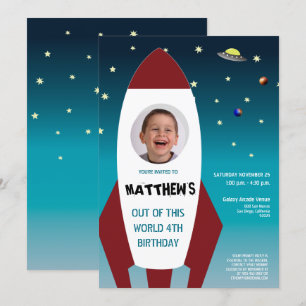 SPACE THEMED Photo Rocket 4th Birthday Invitation