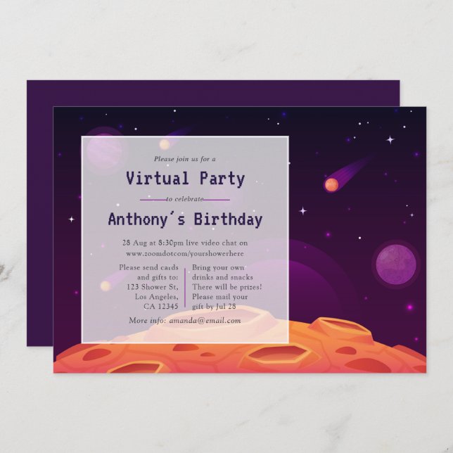Space Virtual Birthday Party Invitation (Front/Back)
