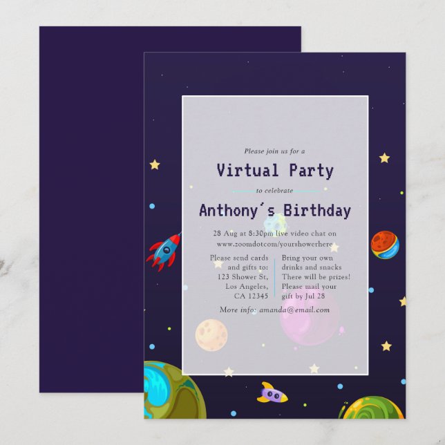 Space Virtual Birthday Party Invitation (Front/Back)