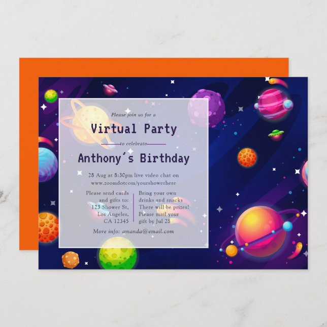 Space Virtual Birthday Party Invitation (Front/Back)