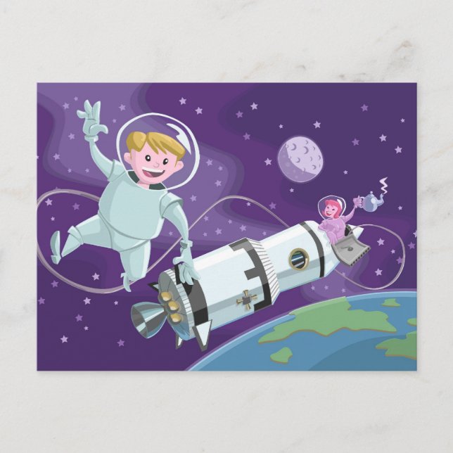 space walk astronaut couple having tea postcard (Front)