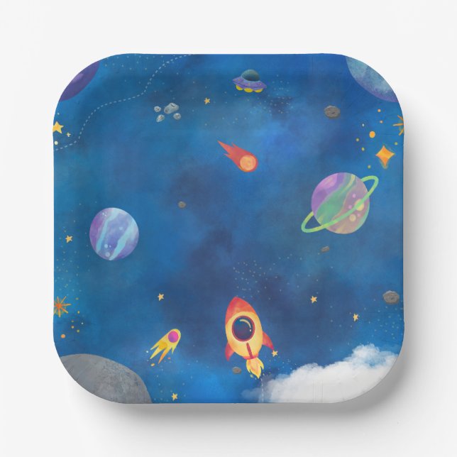 Space Watercolor Design - Dark Blue Paper Plate (Front)