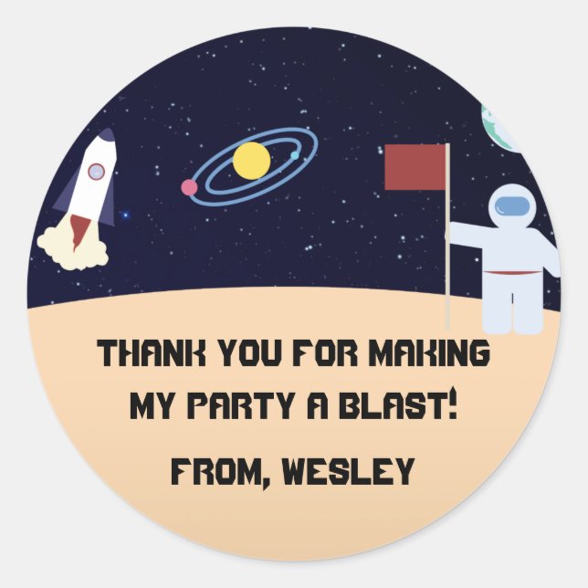 Spaced theme party favour sticker, thank you classic round sticker (Front)