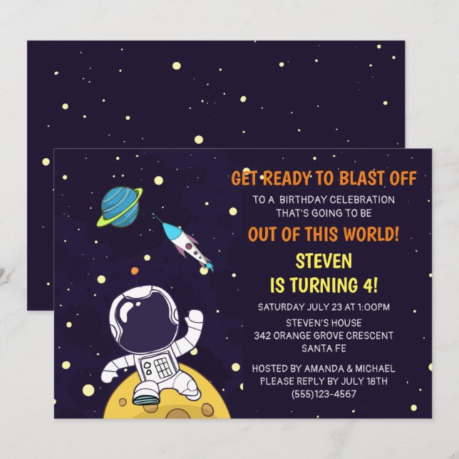 Spaceman Astronaut on the Moon Birthday Invitation (Front/Back)
