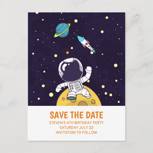 Spaceman Exploring Outer Space Save the Date Postcard (Front)