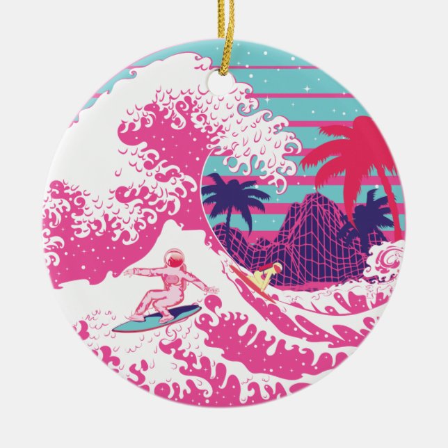 Spaceman surfing The Great pink wave Ceramic Ornament (Front)