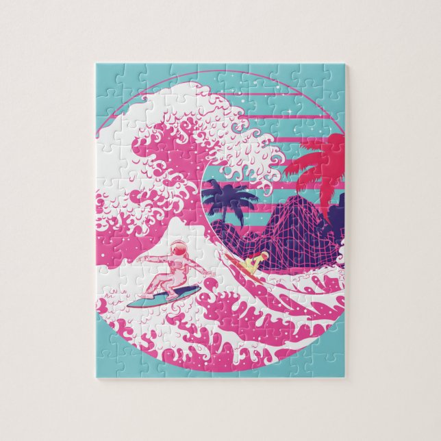 Spaceman surfing The Great pink wave Jigsaw Puzzle (Vertical)
