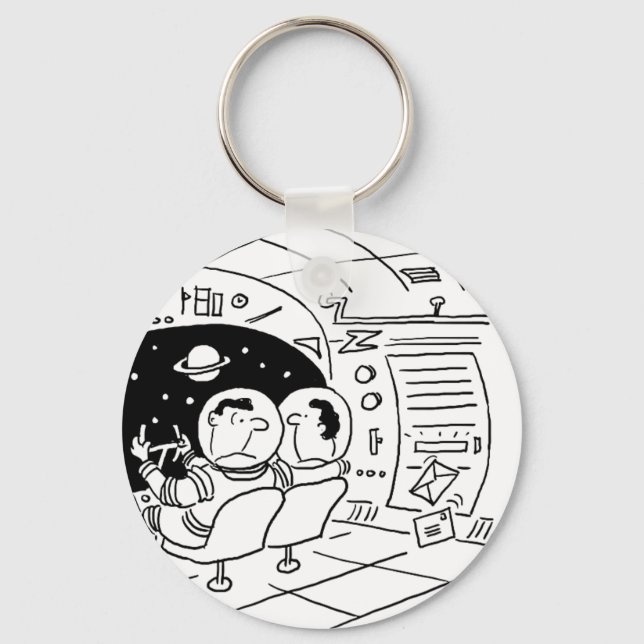 Spacemen in Spaceship having Mail Delivered. Funny Keychain (Front)