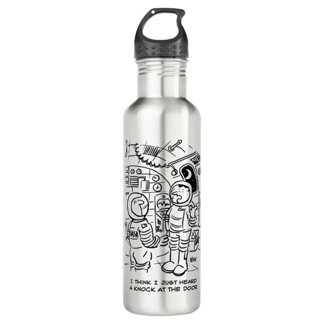 Spacemen on Spaceship Hear Knock at Door 710 Ml Water Bottle (Front)