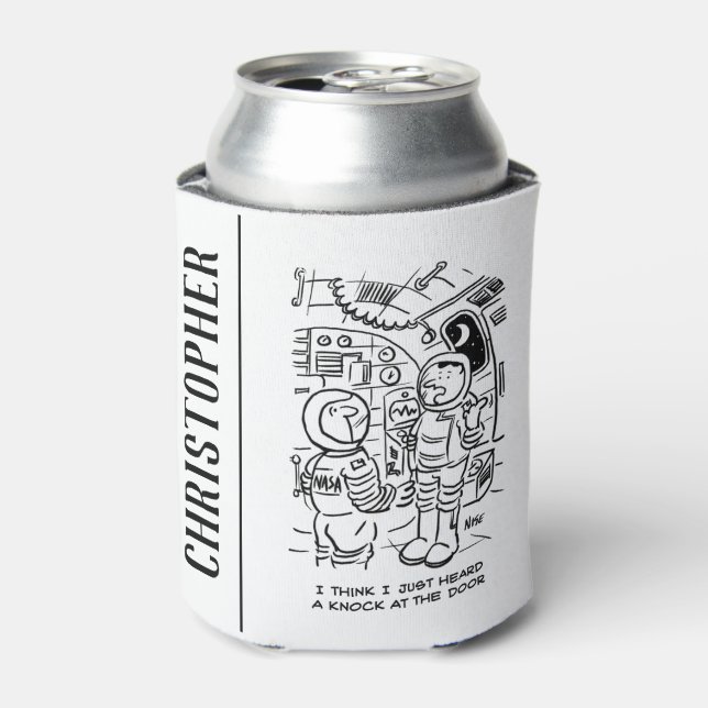 Spacemen on Spaceship Hear Knock at Door Can Cooler (Can Front)
