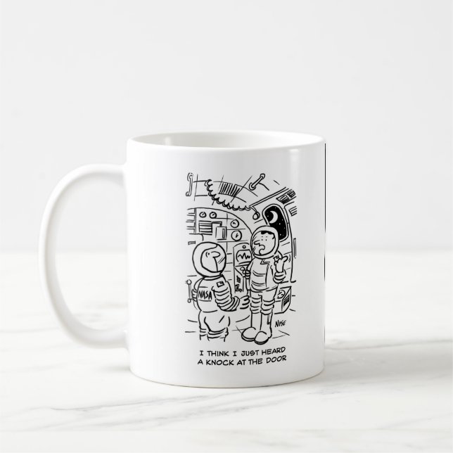 Spacemen on Spaceship Hear Knock at Door Coffee Mug (Left)