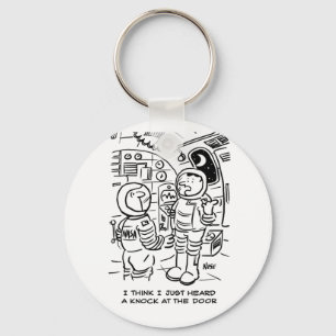 Spacemen on Spaceship Hear Knock at Door Keychain