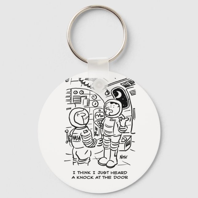Spacemen on Spaceship Hear Knock at Door Keychain (Front)