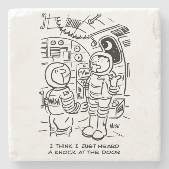 Spacemen on Spaceship Hear Knock at Door Stone Coaster (Front)