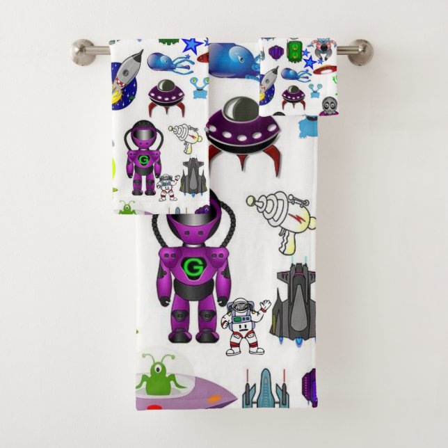 Spaceship Aliens Astronaut  Bathroom Towel Sets (Insitu)