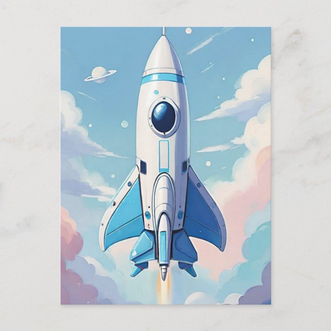 Spaceship flying in the sky postcard (Front)